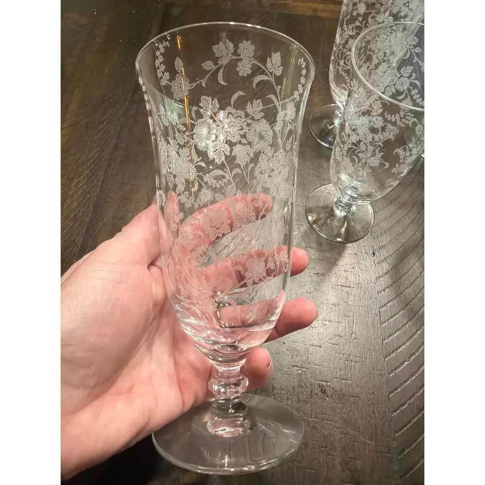 Set of 6 Vintage Etched Floral Wine Glasses Clear Stemware Elegant Barware
